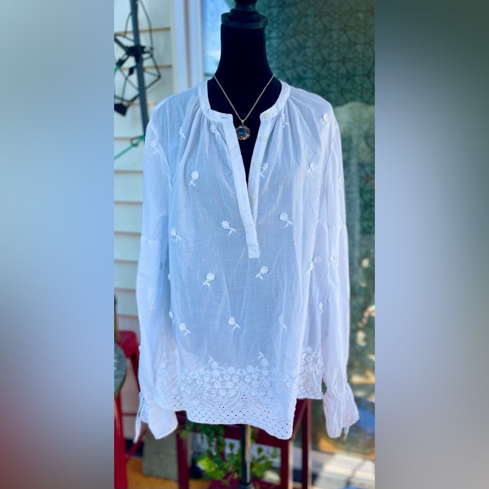 J.CREW White Floral Embroidered Popover Blouse Large Tall